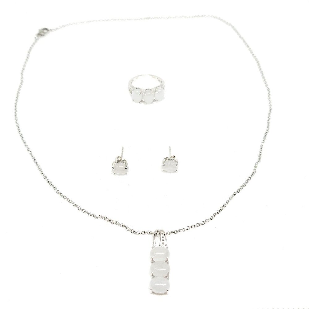 Natural Jade earrings, ring & necklace set in Rhodium/925SS w/Stainless 20 chain